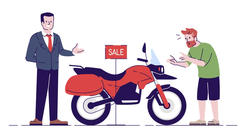 Homem Comprando Motocicleta A Venda Turista Comprando Transporte Local Vendedor Vendendo Moto Ilustração