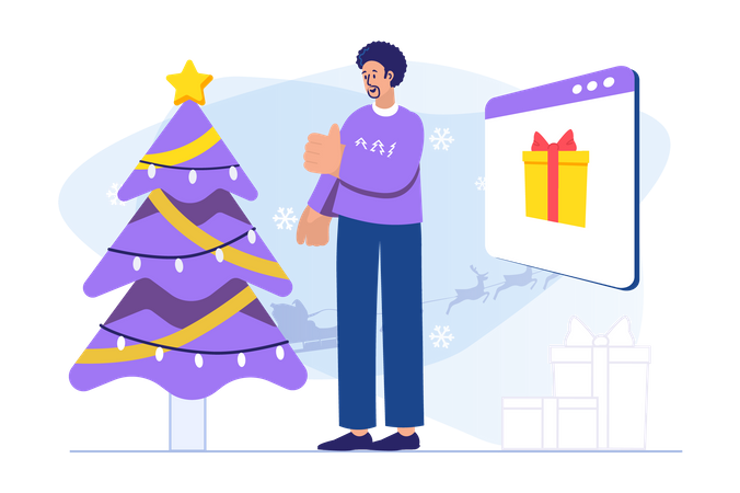 Homem comprando presente de Natal online  Ilustração