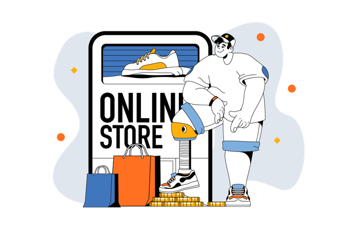 Homem comprando produtos na loja online  Ilustração