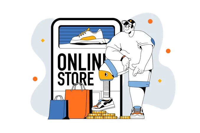 Homem comprando produtos na loja online  Ilustração