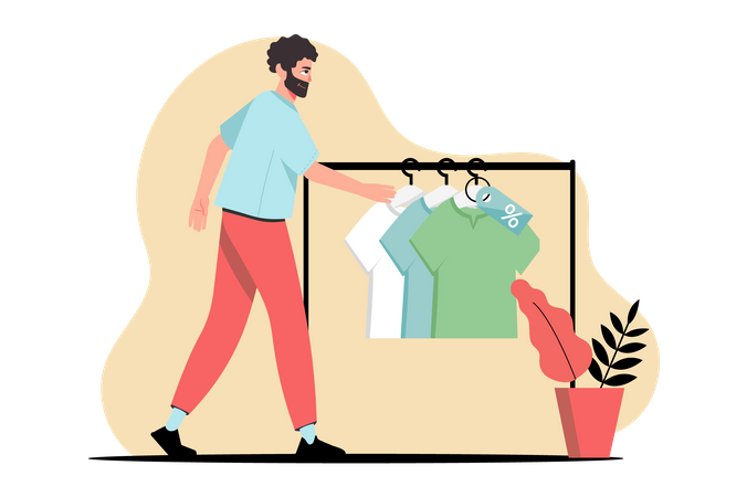 Homem comprando roupas que estão à venda  Ilustração