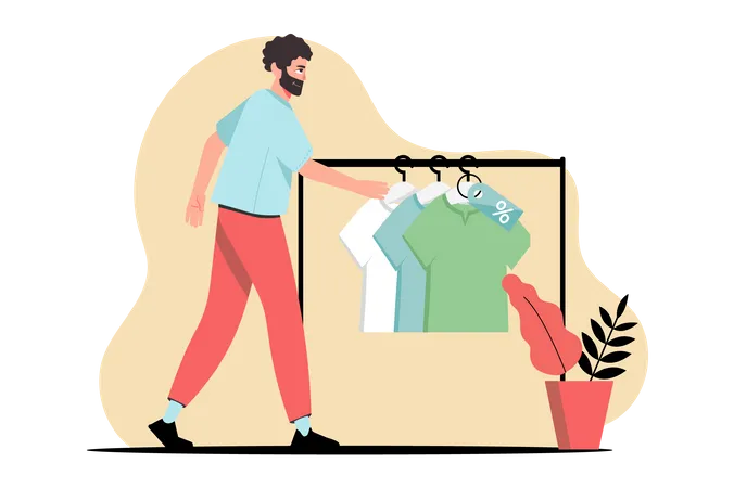 Homem comprando roupas que estão à venda  Ilustração