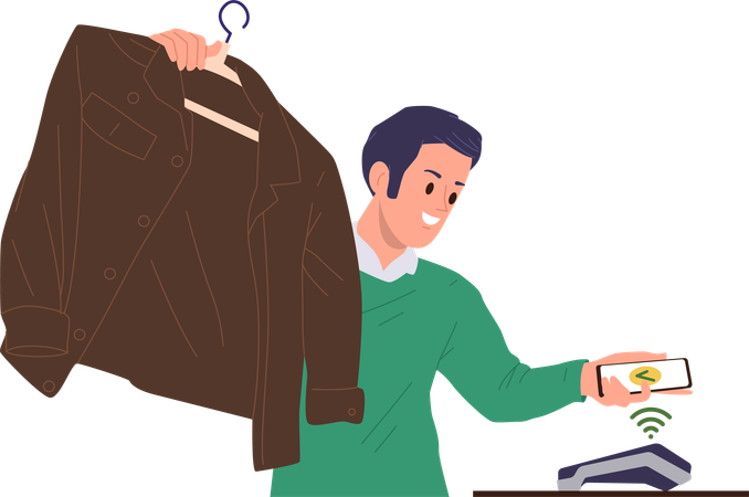 Homem comprando roupas usando sistema de pagamento sem contato  Ilustração