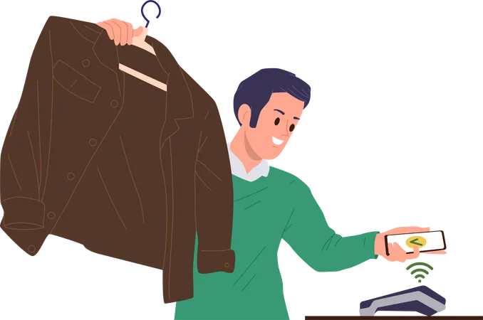 Homem comprando roupas usando sistema de pagamento sem contato  Ilustração