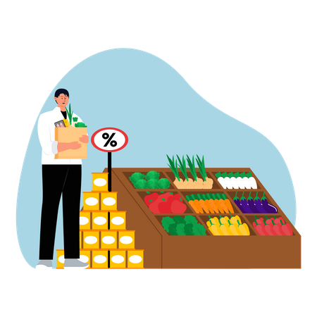 Homem comprando vegetais com desconto  Ilustração