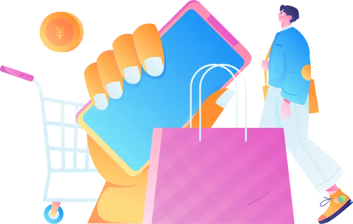 Homem fazendo compras via aplicativo móvel  Ilustração