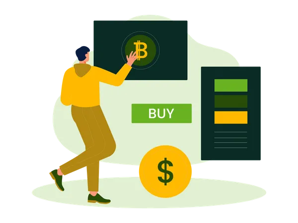 Homem compra bitcoin com dólar  Ilustração