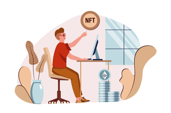 Homem compra NFT usando Ethereum  Ilustração