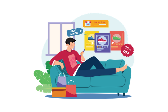 Homem fazendo compras on-line  Ilustração