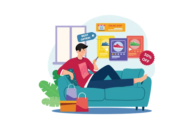 Homem fazendo compras on-line  Ilustração