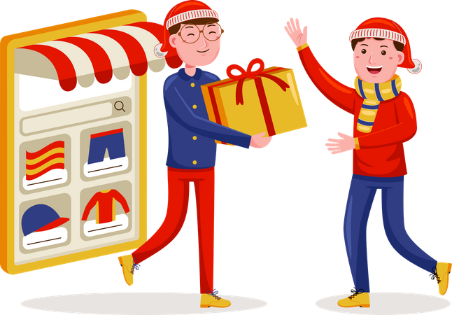 Homem compra compras on-line na promoção de natal  Ilustração