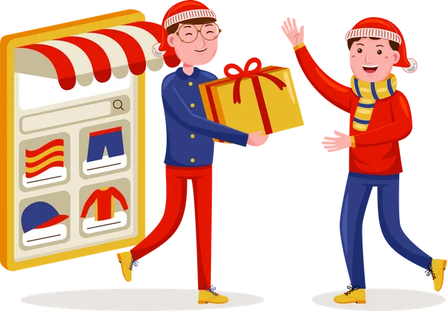 Homem compra compras on-line na promoção de natal  Ilustração