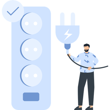 Homem conectando o cabo de alimentação na tomada elétrica  Ilustração