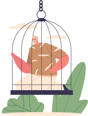Homem confinado sentado dentro de uma gaiola  Ilustração