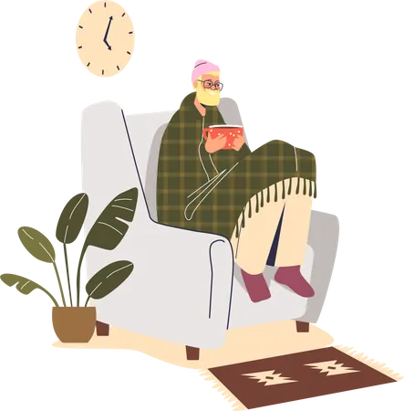 Homem congelando, sentado em uma poltrona em casa, sob o cobertor, usando chapéu dentro de casa, aquecendo as mãos em uma xícara quente  Ilustração