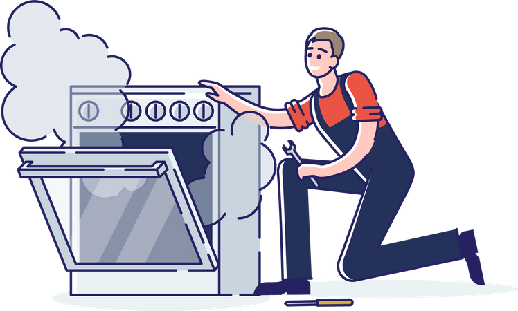 Homem conserta fogão a gás em casa  Ilustração