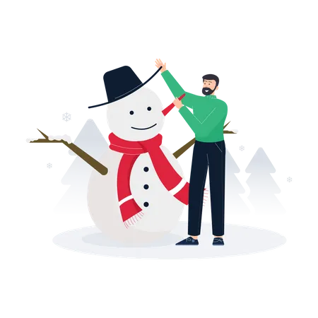 Homem construindo boneco de neve  Ilustração
