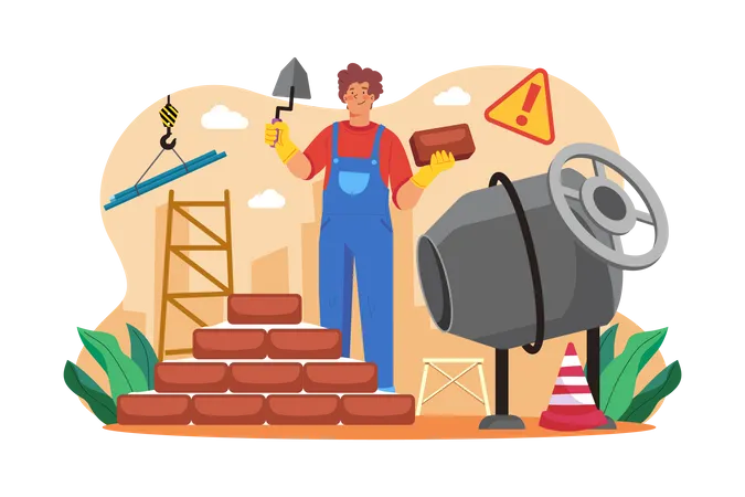 Construtor de homem com espátula colocando tijolos na parede  Ilustração
