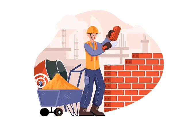 Construtor de homem com espátula colocando tijolos na parede  Ilustração