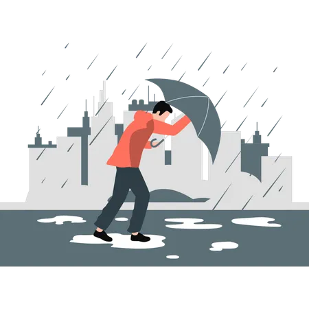 Homem continua enfrentando fortes chuvas  Ilustração