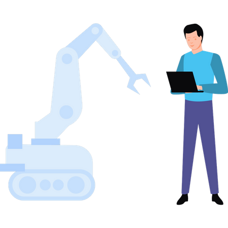 Homem controlando braço robótico usando laptop  Ilustração