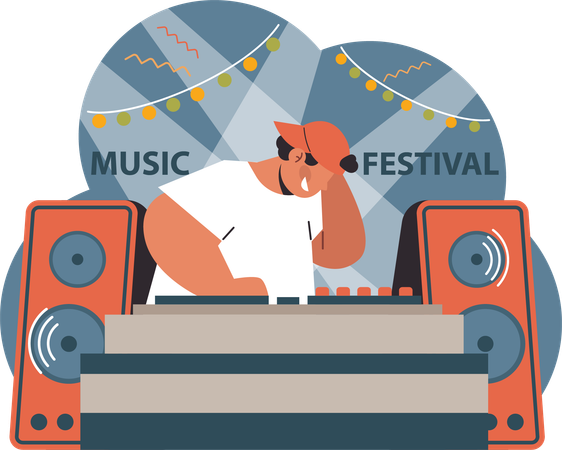 Homem controlando o volume da música no festival de música  Ilustração