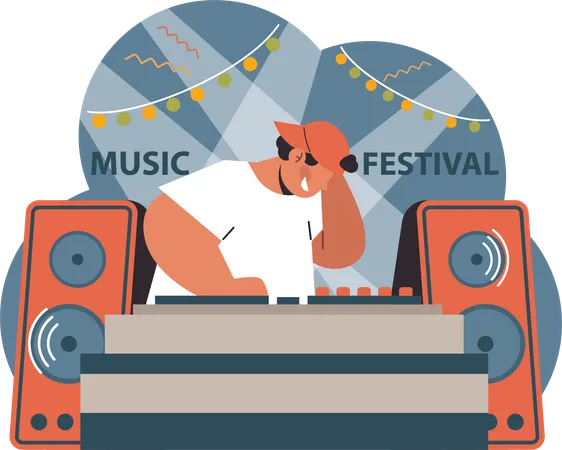 Homem controlando o volume da música no festival de música  Ilustração