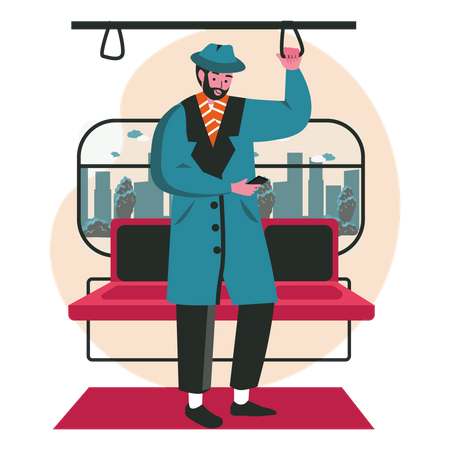 Homem conversando ao telefone enquanto viajava de trem  Ilustração