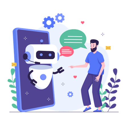 Homem conversando com chatbot móvel  Ilustração