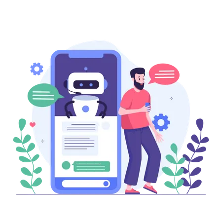 Homem conversando com chatbot móvel  Ilustração