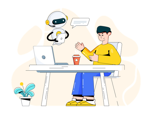 Homem conversando com robô  Ilustração