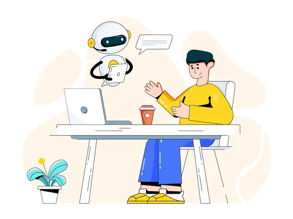 Homem conversando com robô  Ilustração