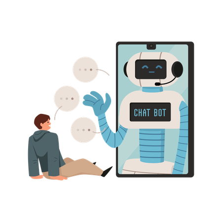 Homem falando com um robô de bate-papo em um smartphone  Ilustração