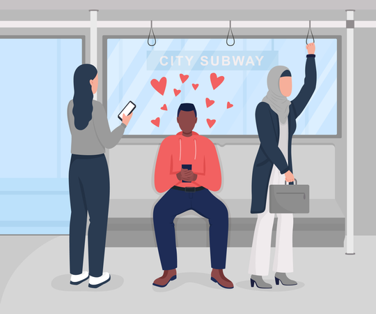 Homem conversando em um aplicativo de namoro enquanto viaja  Ilustração