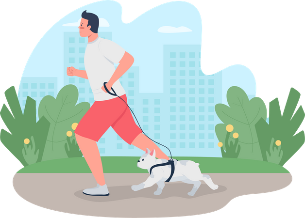 Homem correndo com cachorro na coleira  Ilustração