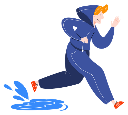Homem correndo sob a chuva pisando em poças  Ilustração