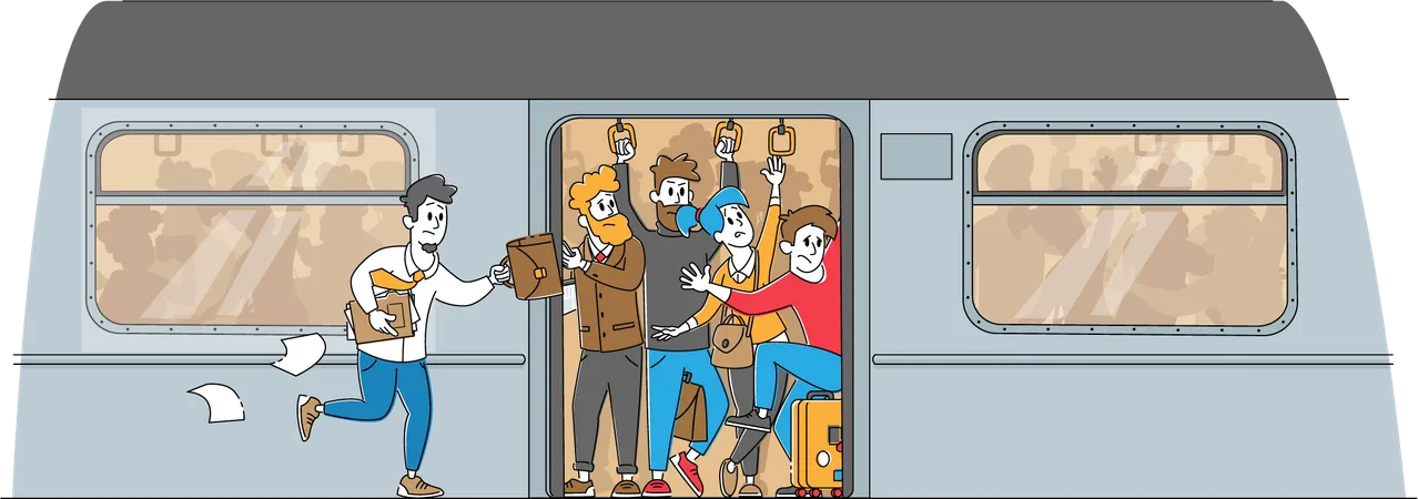 Homem correndo na plataforma do metrô para pegar o trem  Ilustração