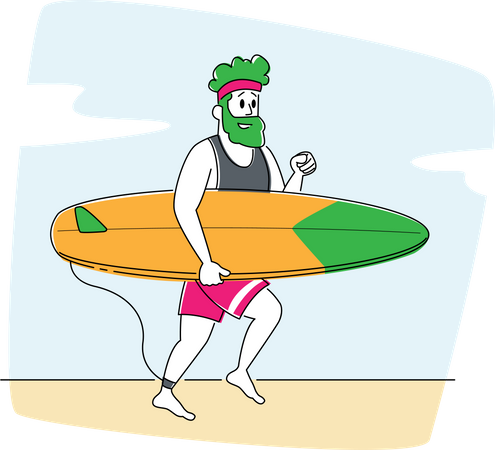 Masculino correndo para o oceano com prancha de surf  Ilustração