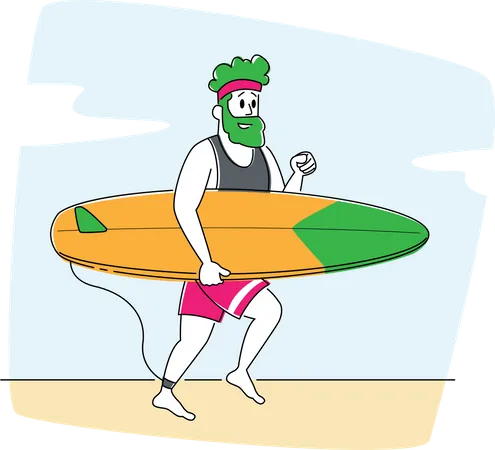 Masculino correndo para o oceano com prancha de surf  Ilustração