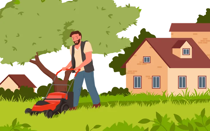 Homem cortando grama usando cortador de grama  Ilustração