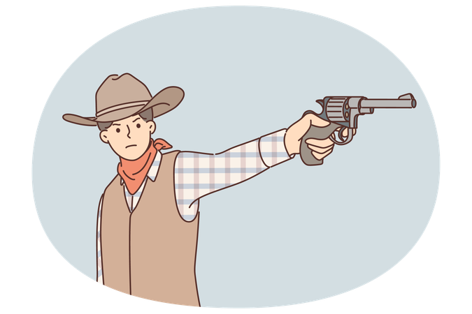 Homem cowboy com revólver na mão está vestido no estilo do oeste selvagem residente e visando o infrator  Ilustração