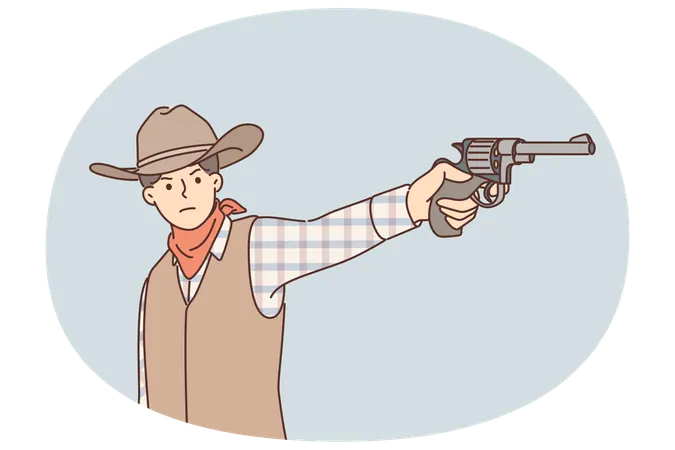 Homem cowboy com revólver na mão está vestido no estilo do oeste selvagem residente e visando o infrator  Ilustração