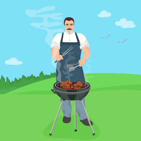 Homem cozinhando churrasco  Ilustração