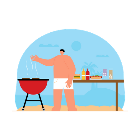 Homem cozinhando churrasco na praia  Ilustração