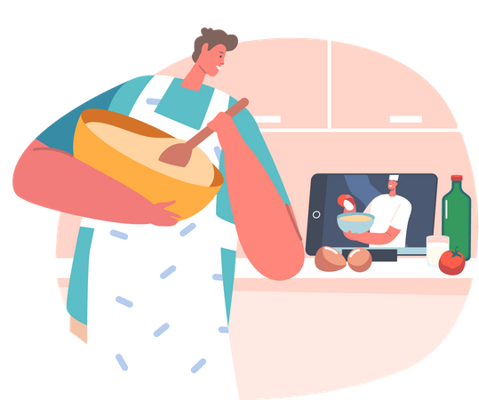 Homem cozinhando comida enquanto aprende com vídeo tutorial on-line  Ilustração