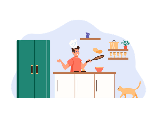 Homem cozinhando comida na cozinha  Ilustração