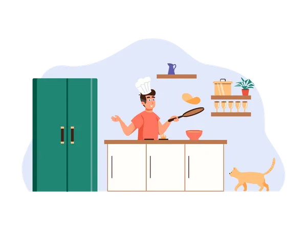 Homem cozinhando comida na cozinha  Ilustração