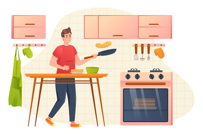 Homem cozinhando comida na cozinha  Ilustração