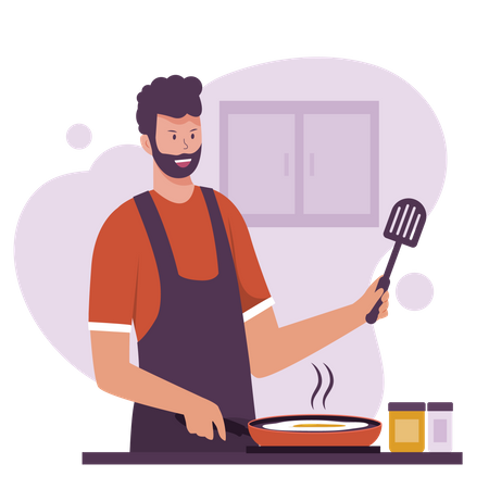 Homem cozinhando comida na cozinha  Ilustração