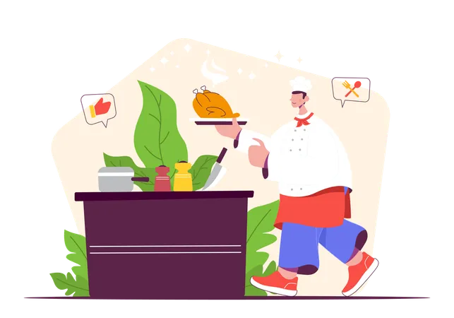 Homem cozinhando frango  Ilustração